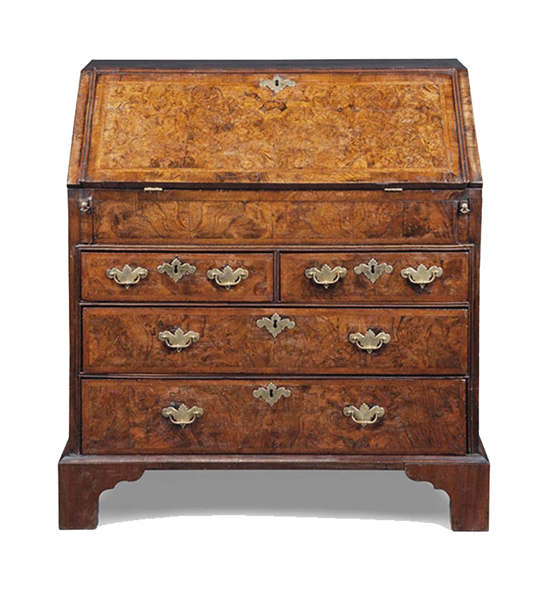 Queen-Anne-Cross-and-Featherbanded-Burr-Walnut-Bureau-Early-Coram-James-Fine-Arts-and-Antiques